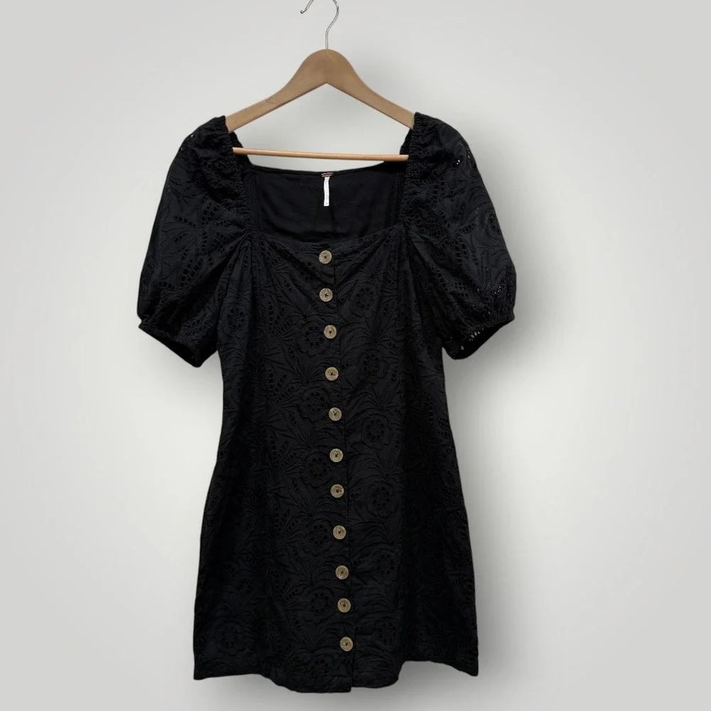 Free People Black‎ Eyelet Puff Sleeve Button Front Mini Dress Womens Size 10